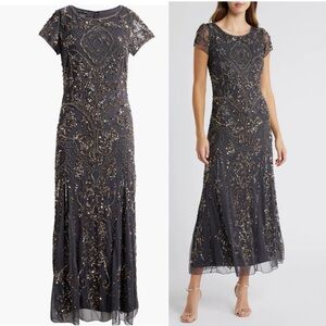 🌻NEW w. tags Pisarro Nights Beaded Mesh Midi Cocktail Dress Size 2